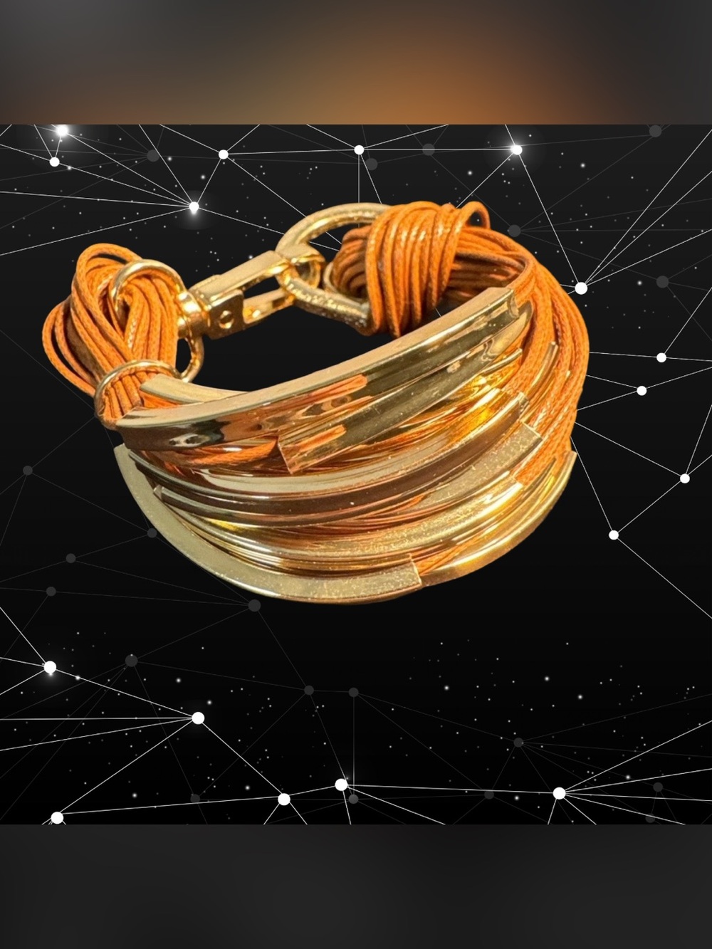 Multi-strand (20 strands) Cord and Gold tone Metal Bracelet.